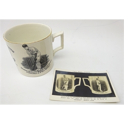  Cricket - Pudsey Corporation Commemorative transfer printed mug for 'Herbert Sutcliffe World Record Maker, 4 Centuries in 5 Test Matches' by W. Ellis Moorcroft of Bramley, H10cm  