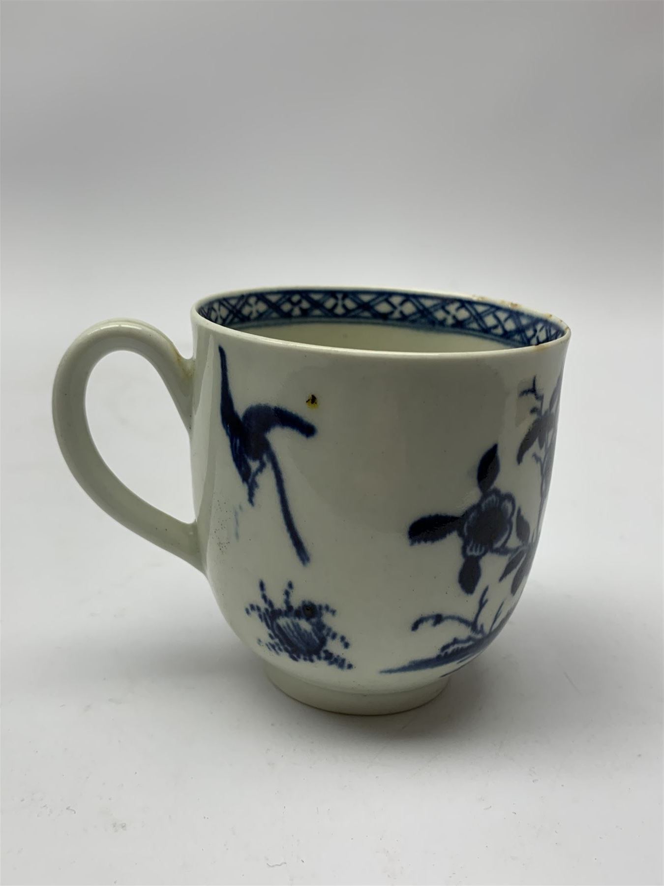 18th Century Worcester teapot, circa 1765-70, decorated in the Bird in the ring pattern, the cover with bud finial, with crescent mark beneath, H13cm, together with a Worcester coffee cup decorated in the same pattern, with crescent mark beneath, H6.5cm