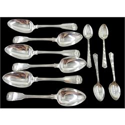 Set of six George IV silver dessert spoons, Fiddle and thread pattern with scallop shell terminal and engraved initials by Richard Poulden, London 1822 and four hallmarked silver teapoons, approx 12.3oz 