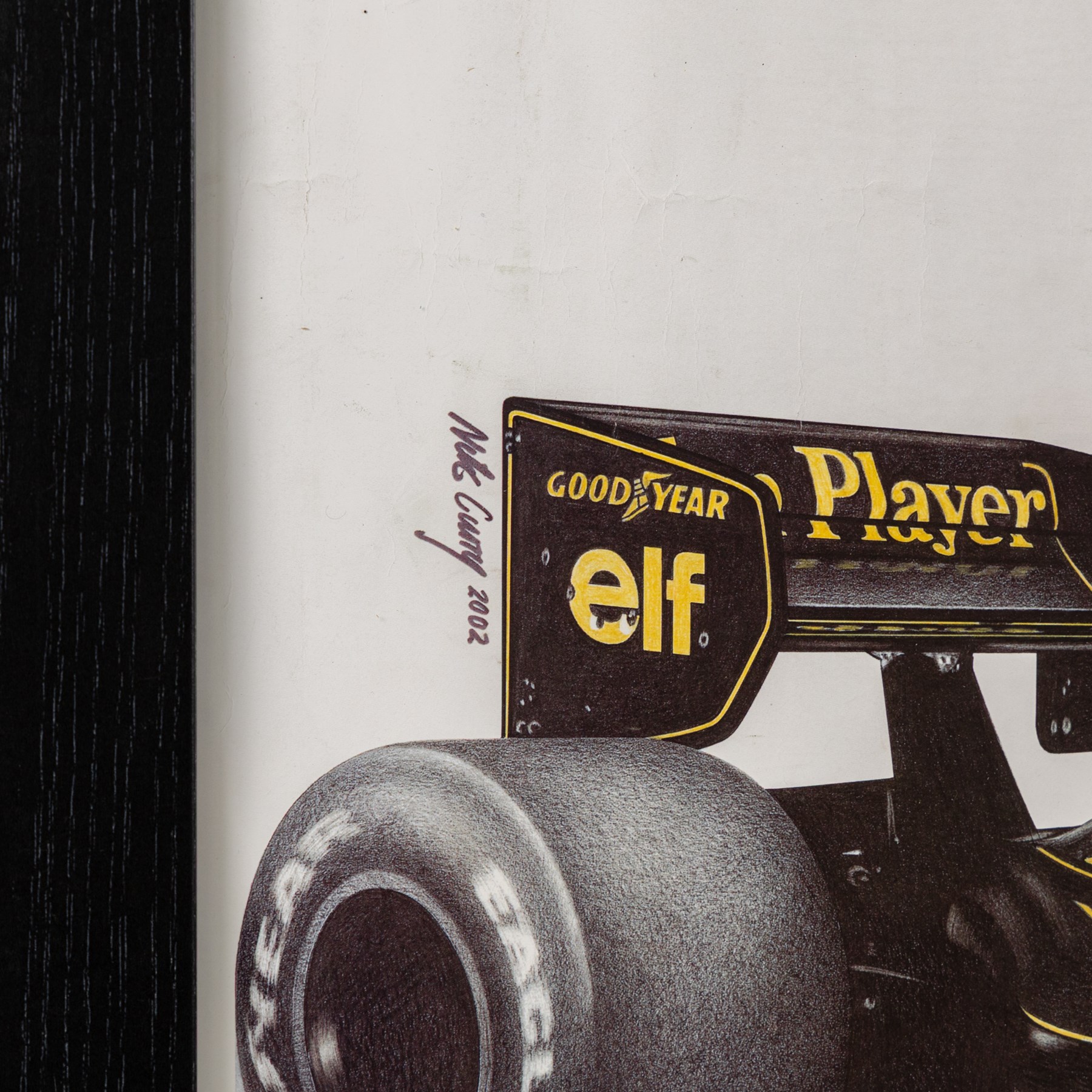 Four Formula 1 racing prints by Nik Curry, all within black frames, largest H38cm, W58cm
