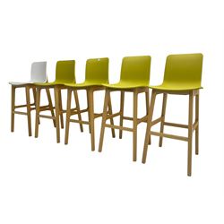 Elite - set five oak framed bar stools, acrylic back and seat in white or chartreuse yellow finish, raised on splayed united by stretchers
