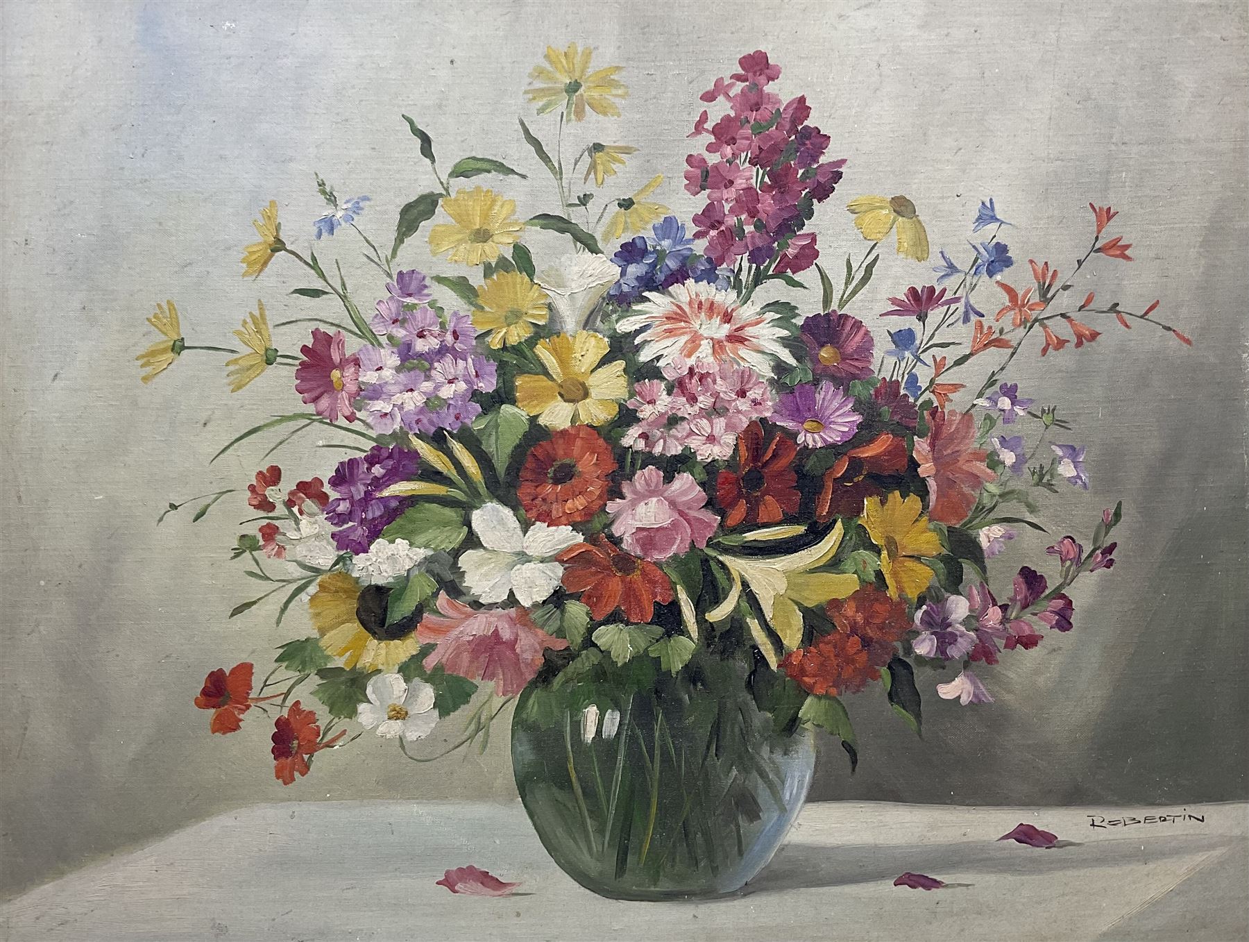 Sibylle Robertin (Austrian 1898-?): Cut Flowers in a Glass Vase, oil on canvas board signed 59cm x 78cm