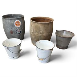 Collection of three ribbed galvanised dolly tubs with chevron detail, one retaining ‘The P...
