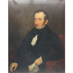 English School (19th century): 'Joseph Clegg 1810-1846' holding musical score, oil on canvas unsigned, titled on the stretcher  90cm x 70cm