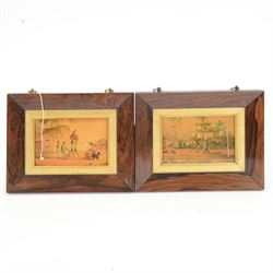 Pair of Victorian miniature paintings in rosewood frames, the first depicting a musician i...