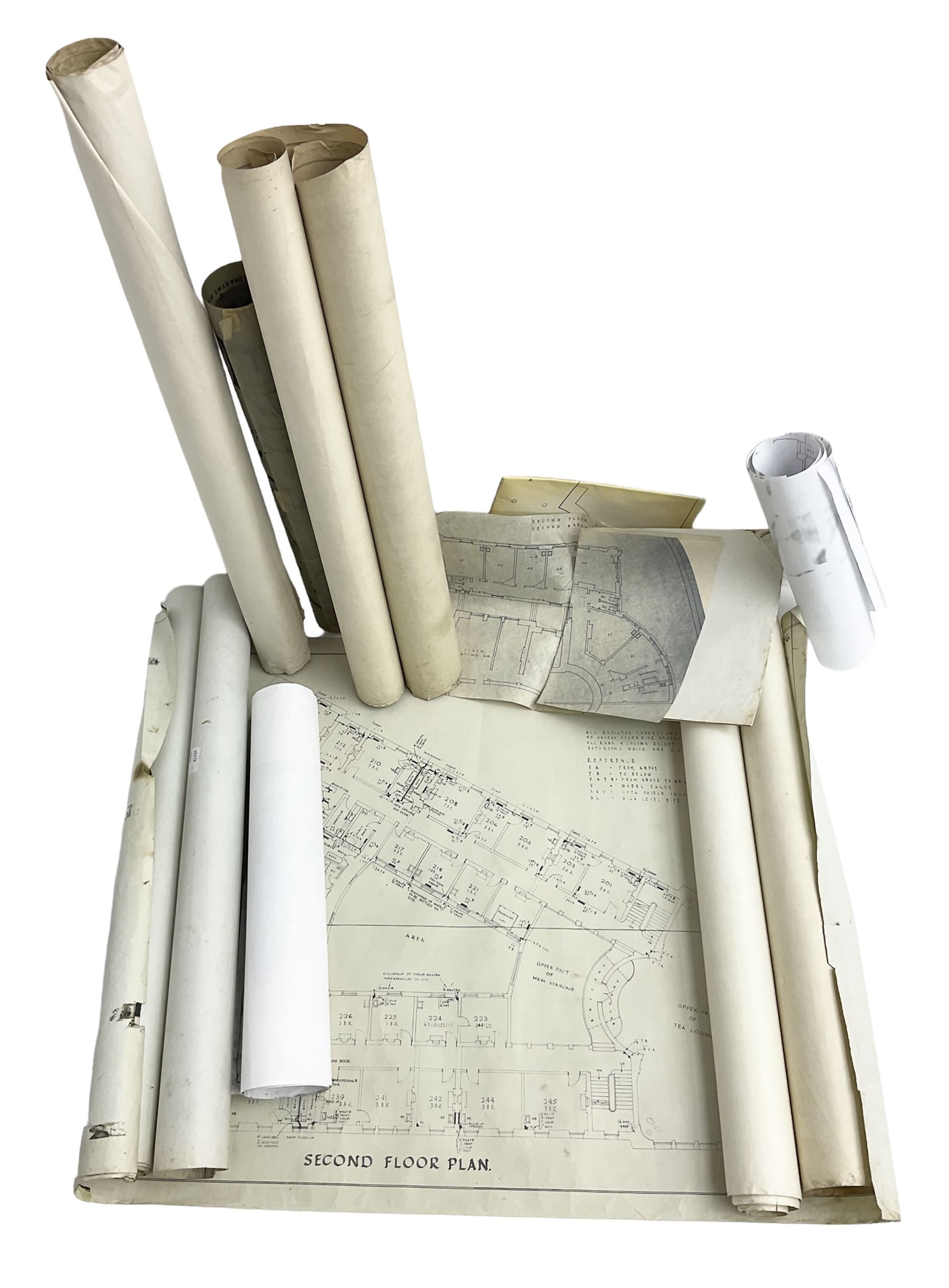 Collection of architectural plans and drawings related to The Grand Hotel, Scarborough, predominantly by Spiers and Pond Surveyors, London, dating from the 1920s to 1950s, to include Third Floor Plan New Bathrooms and Basins in Bedrooms on Landside 1929, Fourth Floor Plan by Alderson & Allen Chartered Architects 1952, 1940s amendments etc