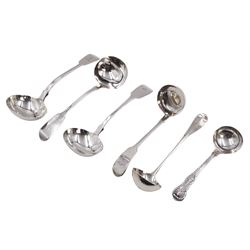 Collection of six Victorian silver sauce/toddy ladles, to include Hanoverian pattern ladle, with rattail bowl and curved handle,  hallmarked Henry Holland, London 1879, pair of Fiddle pattern sauce ladles, each with engraved initial to terminal, hallmarked William Robert Smily, London 1848 and a Queens pattern sauce ladle, hallmarked Samuel Hayne & Dudley Cater, London 1845 etc