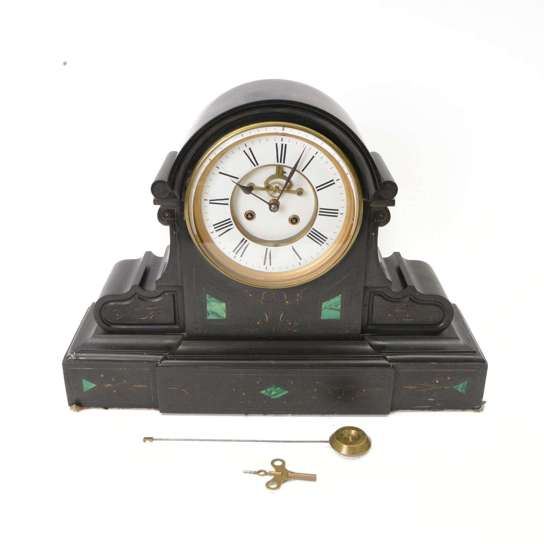 French- Belgium slate mantle clock c1880, drum movement case with voluted side supports and incised gilt decoration with contrasting panels of malachite inlay, two part enamel dial within a glazed cast brass bezel, with a visible Brocot escapement and cornelian pallets, Roman numerals and steel spade hands, twin train rack striking movement striking the hours and half-hours on a bell. With pendulum and key. 