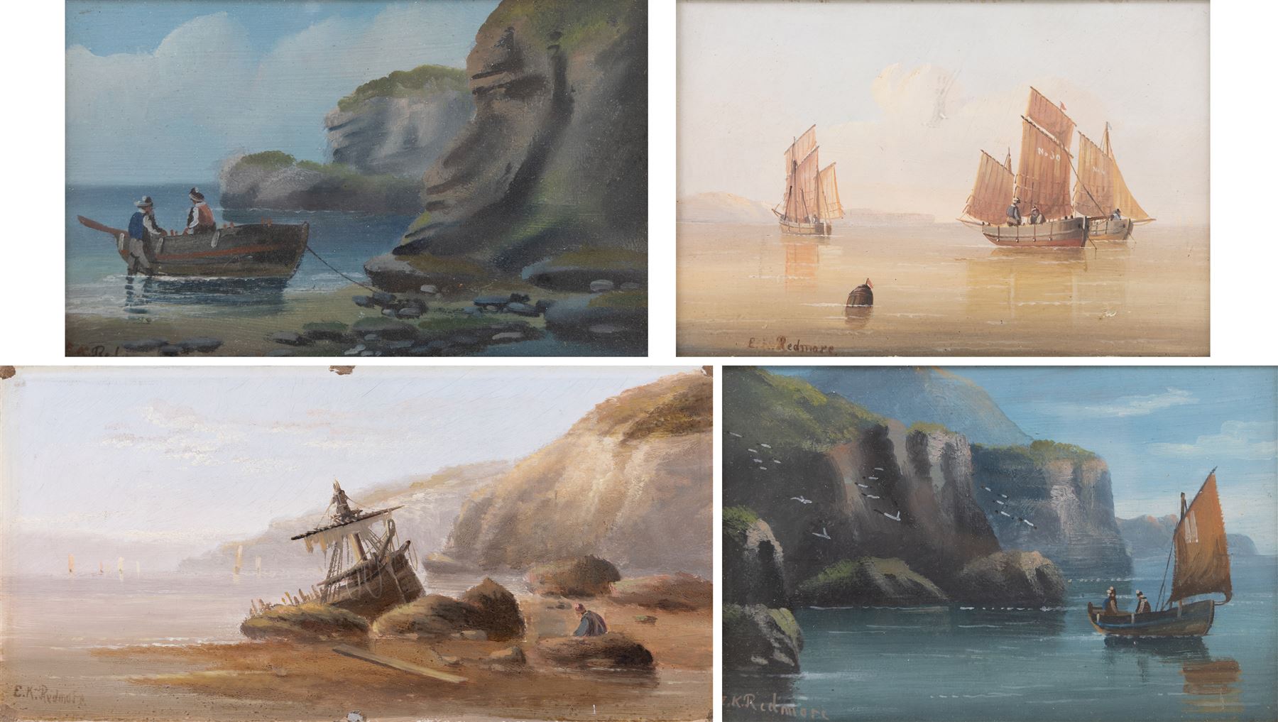 Edward King Redmore (British 1860-1941): Two Boat Scenes with Headlands, two oils on board, together with two further scenes of boats, max 17cm x 18.5cm (4) (one unframed)