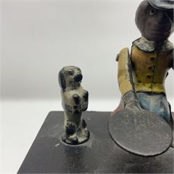American 'Organ Bank' musical cast-iron mechanical money bank with hand cranked action and seated figure with two dancing dogs on top; locking door to base (no key); marked to the back 'Pat June 13 1882', H19cm