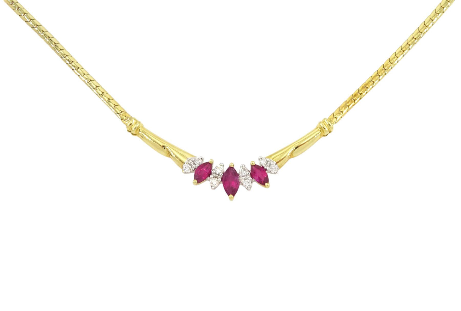 18ct gold marquise cut ruby and round brilliant cut diamond necklace, stamped