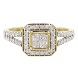 9ct gold vari-cut diamond square cluster ring, with pierced diamond set shoulders, hallmarked, total diamond weight approx 0.75 carat