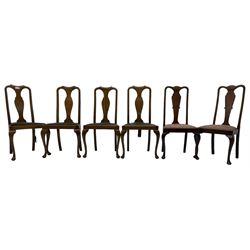 Matched set of fourteen early 20th century mahogany dining chairs, shaped cresting rail over shaped splat, upholstered drop-in seat, on cabriole front supports 