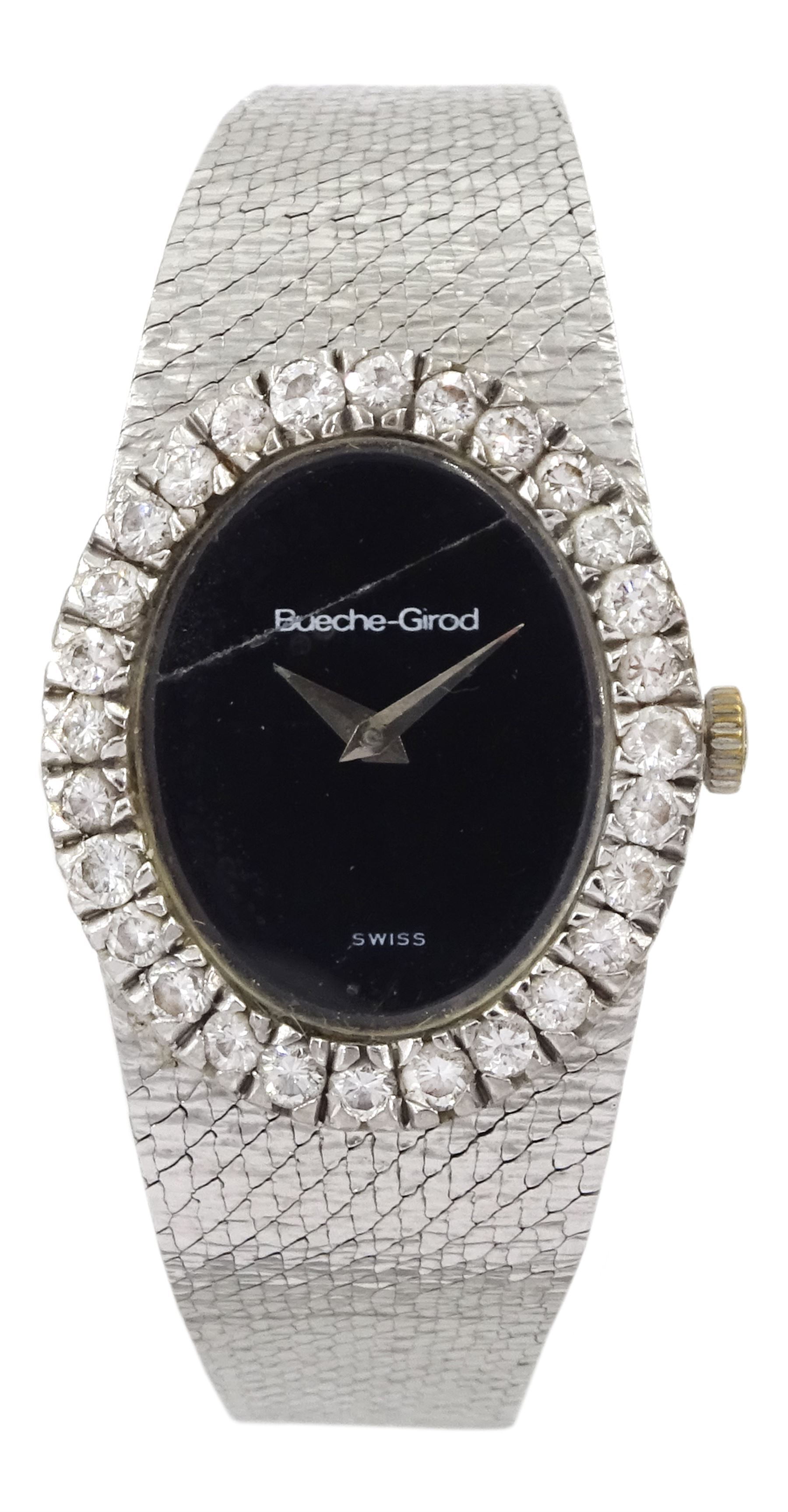 Bueche Girod ladies 18ct white gold manual wind wristwatch with round brilliant cut diamond bezel on integrated 18ct white gold bracelet London 1973 Jewellery Watches