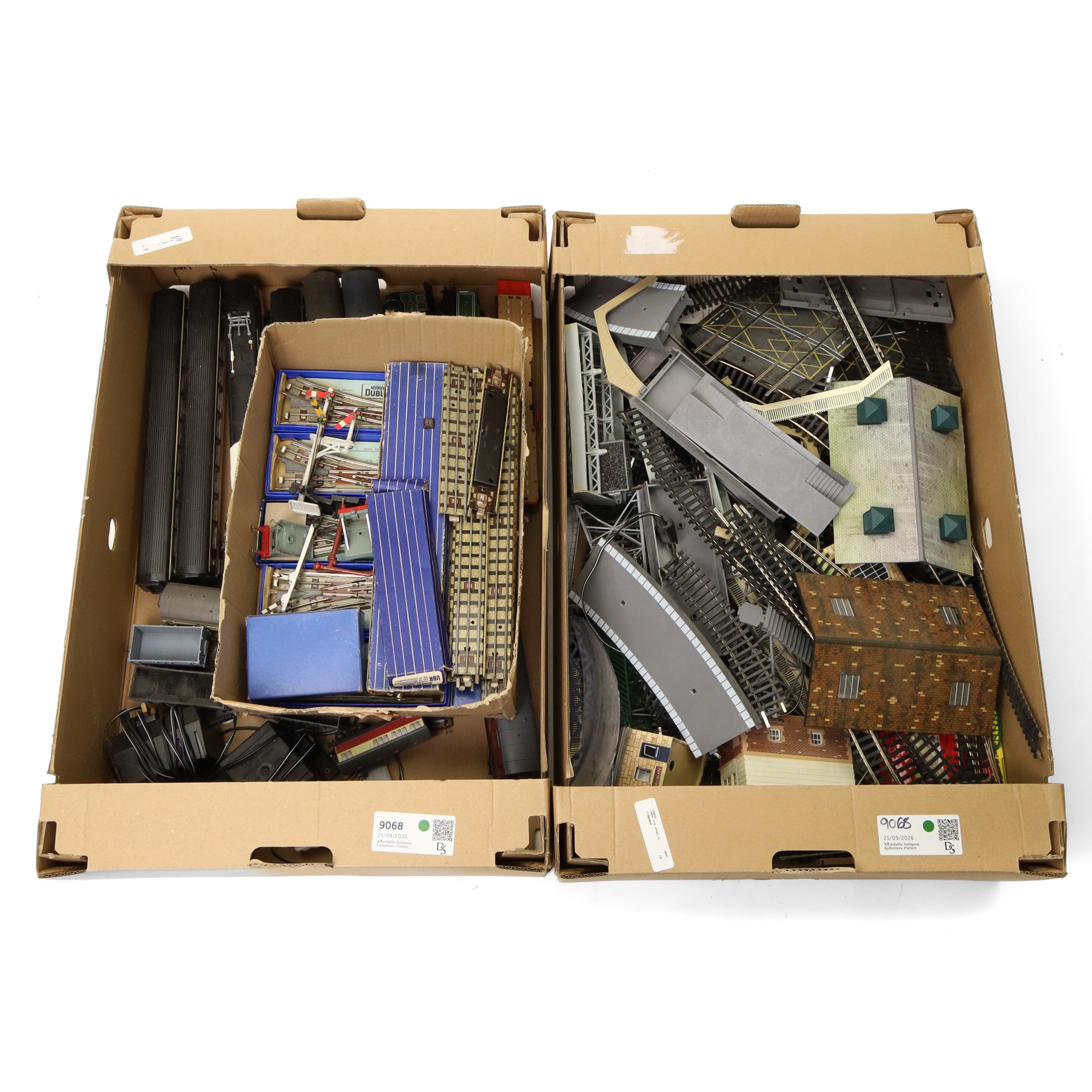Model railway items - track, carriages etc, contents in two boxes