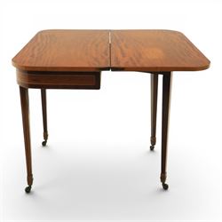 Regency mahogany fold-over tea table, rounded rectangular top with gateleg action, inlaid ...