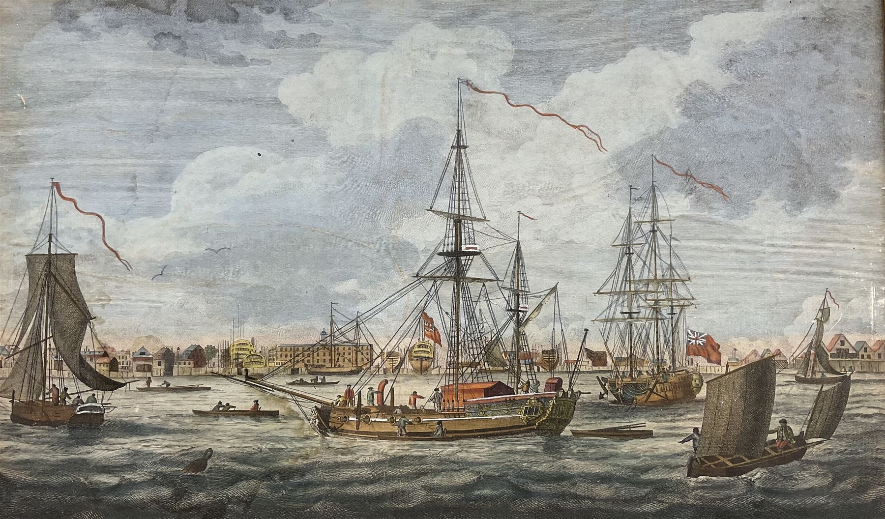 Carington Bowles (British 1724-1793) after John Cleveley the Younger (British 1747-1786) : 'A View of His Majesty's Dock Yard at Deptford', hand-coloured engraving pub. 1772, 24cm x 41cm 
