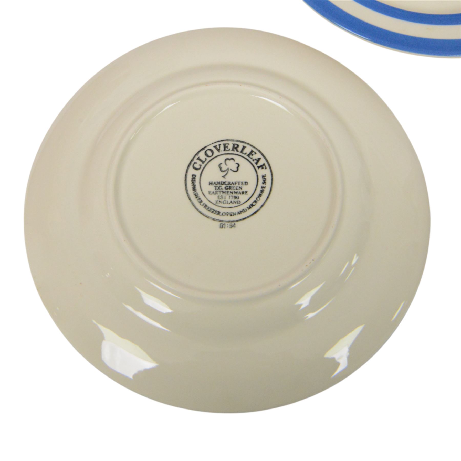 TG Green T.G. Green Cloverleaf blue and white striped pattern Cornishware, six dinner plates and nine side plates, together with a similar covered sucrier 