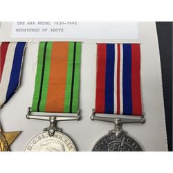 Representative display of WWII Campaign Stars and Medals comprising Burma Star, Italy Star, France & Germany Star, Defence Medal and War Medal 1939-1945; together with the corresponding group of miniatures; all with ribbons