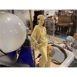 Table lamp, with a composite figure of a woman on base, green enamel ceiling light shade etc 