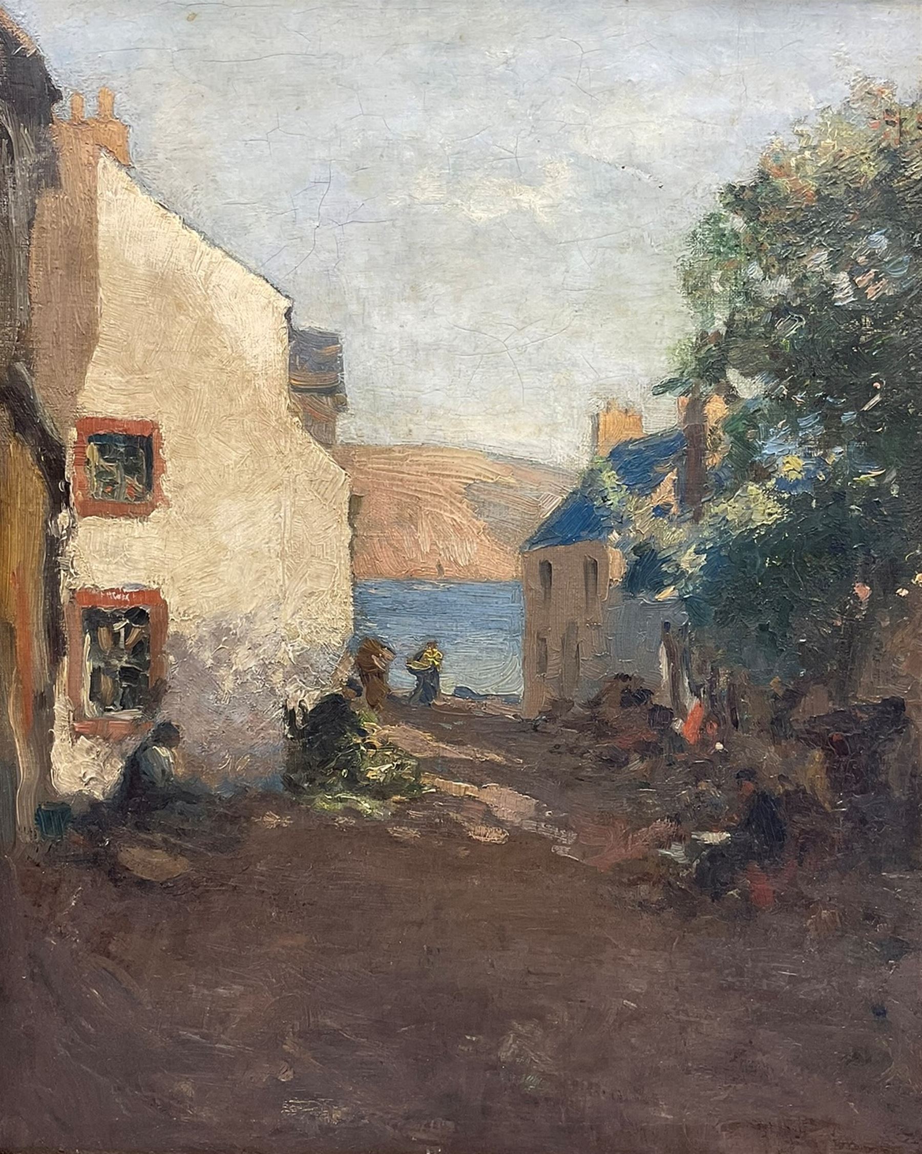 Newlyn School (Early 20th century): Seaside Cottages with Fisherfolk, oil on canvas possibly signed l.r. 49cm x 39cm