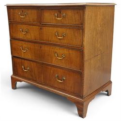 George III mahogany straight-front chest, rectangular top with moulded edge, over two short and three long graduating cock-beaded drawers, each with original brass swan neck handles, lower moulded edge on bracket feet