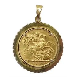  1910 gold full sovereign, loose mounted in 9ct gold pendant hallmarked  