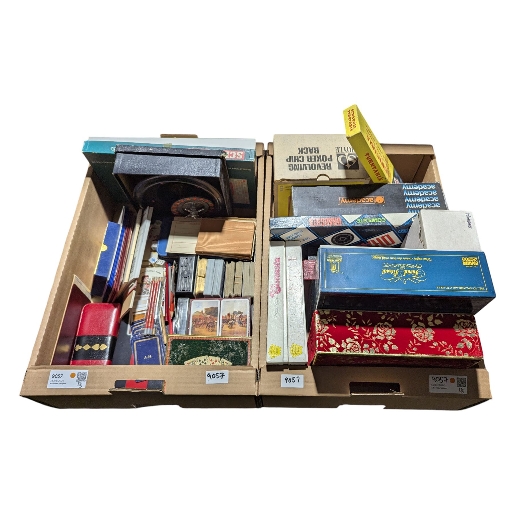 Various playing cards, boxed games including Bezique, Scrabble, Drafts, Roulette, Trivial Pursuit etc
Provenance: from the Kirkham Hall estate. 