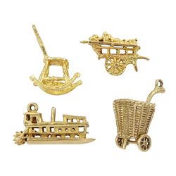 Four 9ct gold pendant/charms including paddle wheel steam boat, wicker trolley basket, rocking chair and cart, all hallmarked