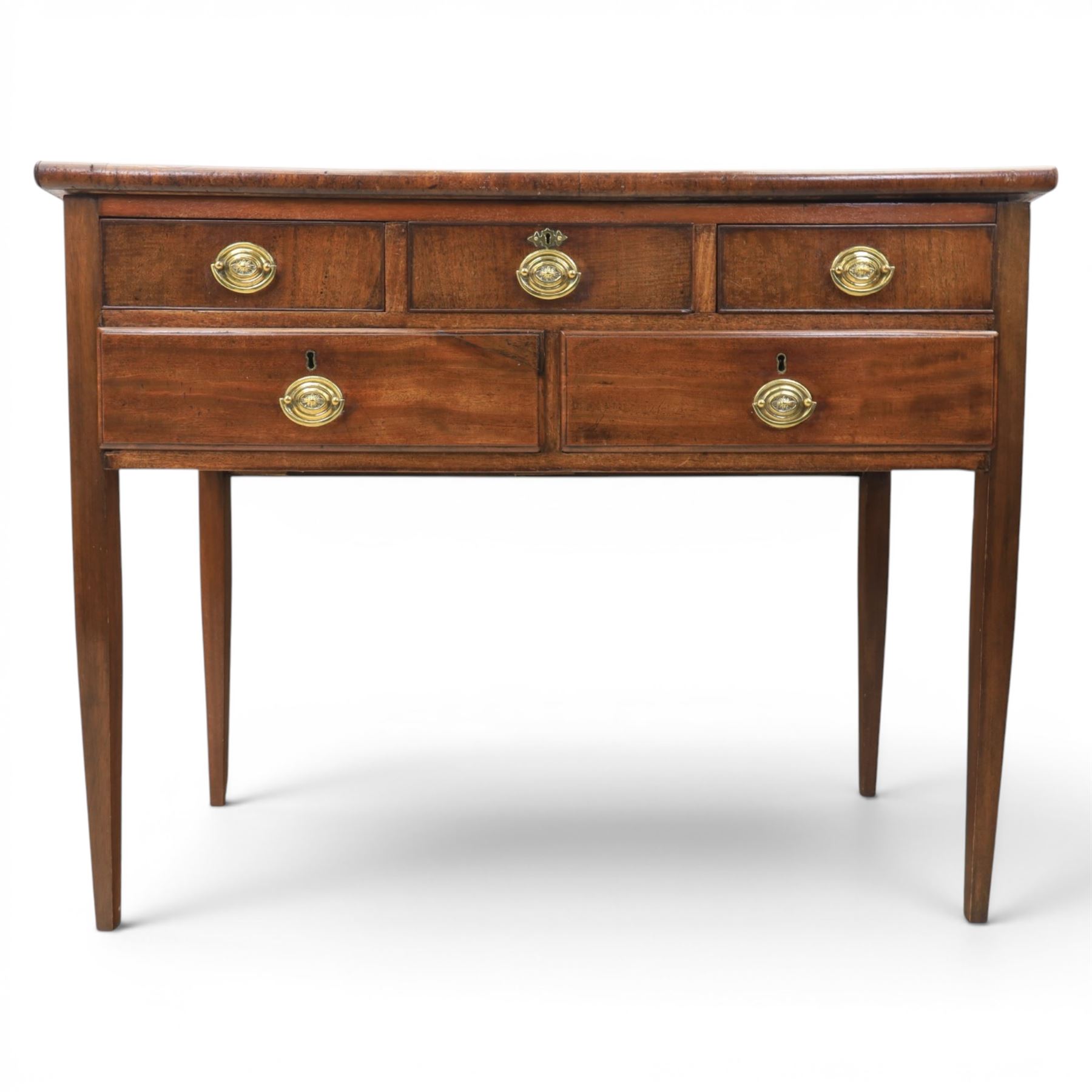 Georgian mahogany side table fitted with drawers, rectangular top over five drawers with brass handles, raised on tapering square supports