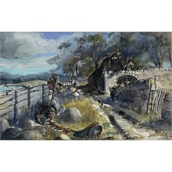 Gill Douglas (Northern British 1944-): 'Journeys End - Isle Ewe Wester Ross', watercolour signed, titled verso 24cm x 36cm
Notes: Originally from Newcastle upon Tyne, at the age of 28 Gill moved to study Theatre Design at Art College in Nottingham.  On completion of her Diploma, in 1976,  she moved to York to establish herself as an artist and print maker 
