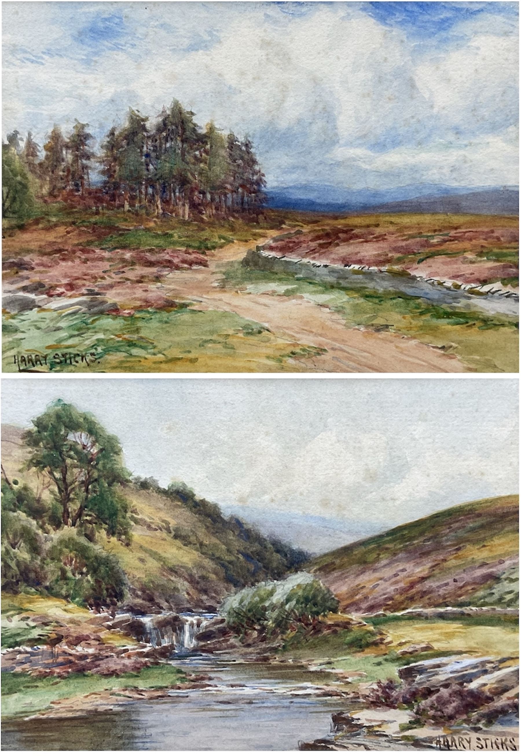 Harry James Sticks (British 1867-1938): Upland Landscapes, pair watercolours signed 12.5cm x 17.5cm (2)