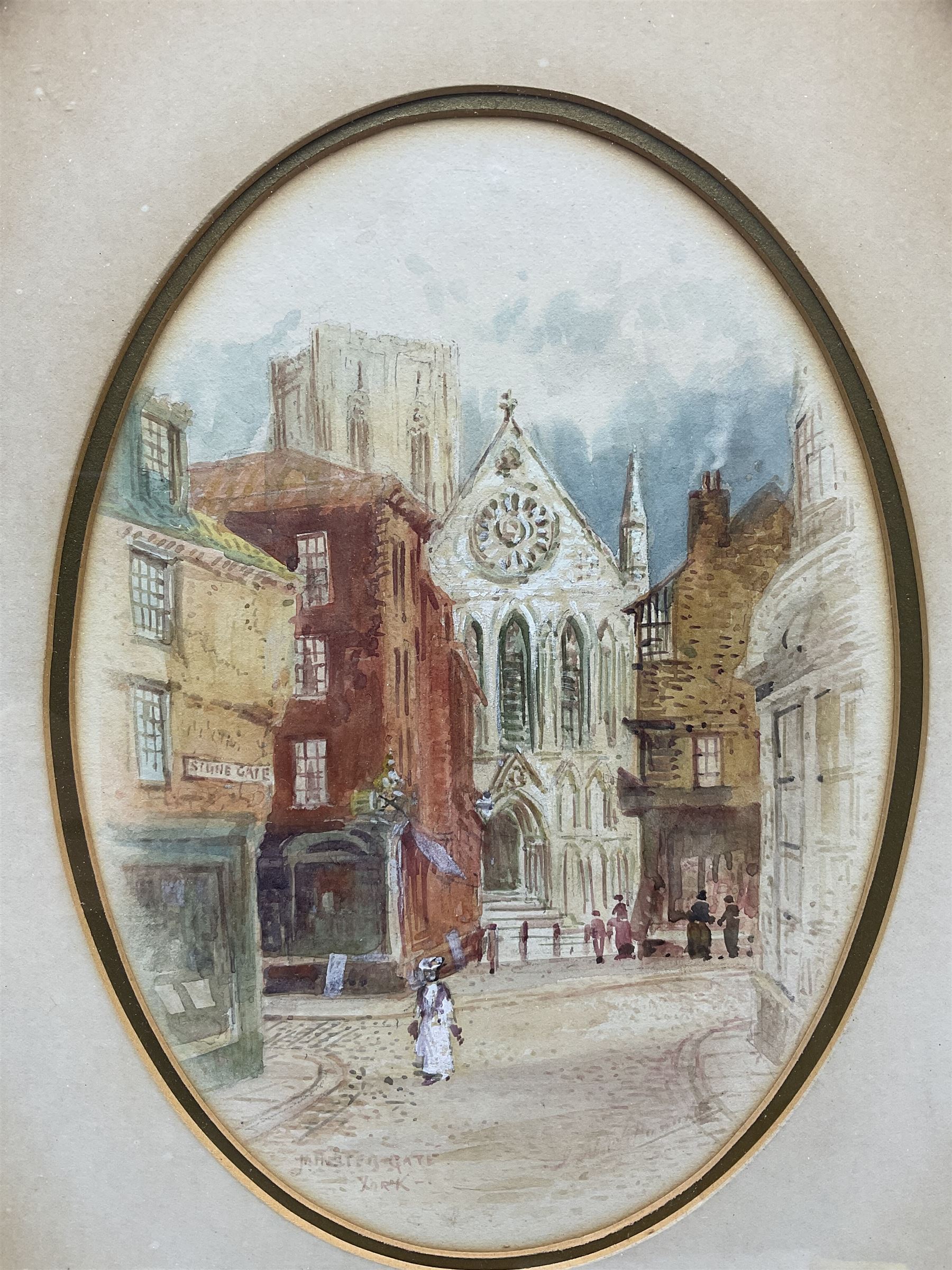 John Wynne Williams (British fl.1900-1920): 'Micklegate - York' and 'The Market Place - Howden', pair oval watercolours signed 23cm x 16cm (2)