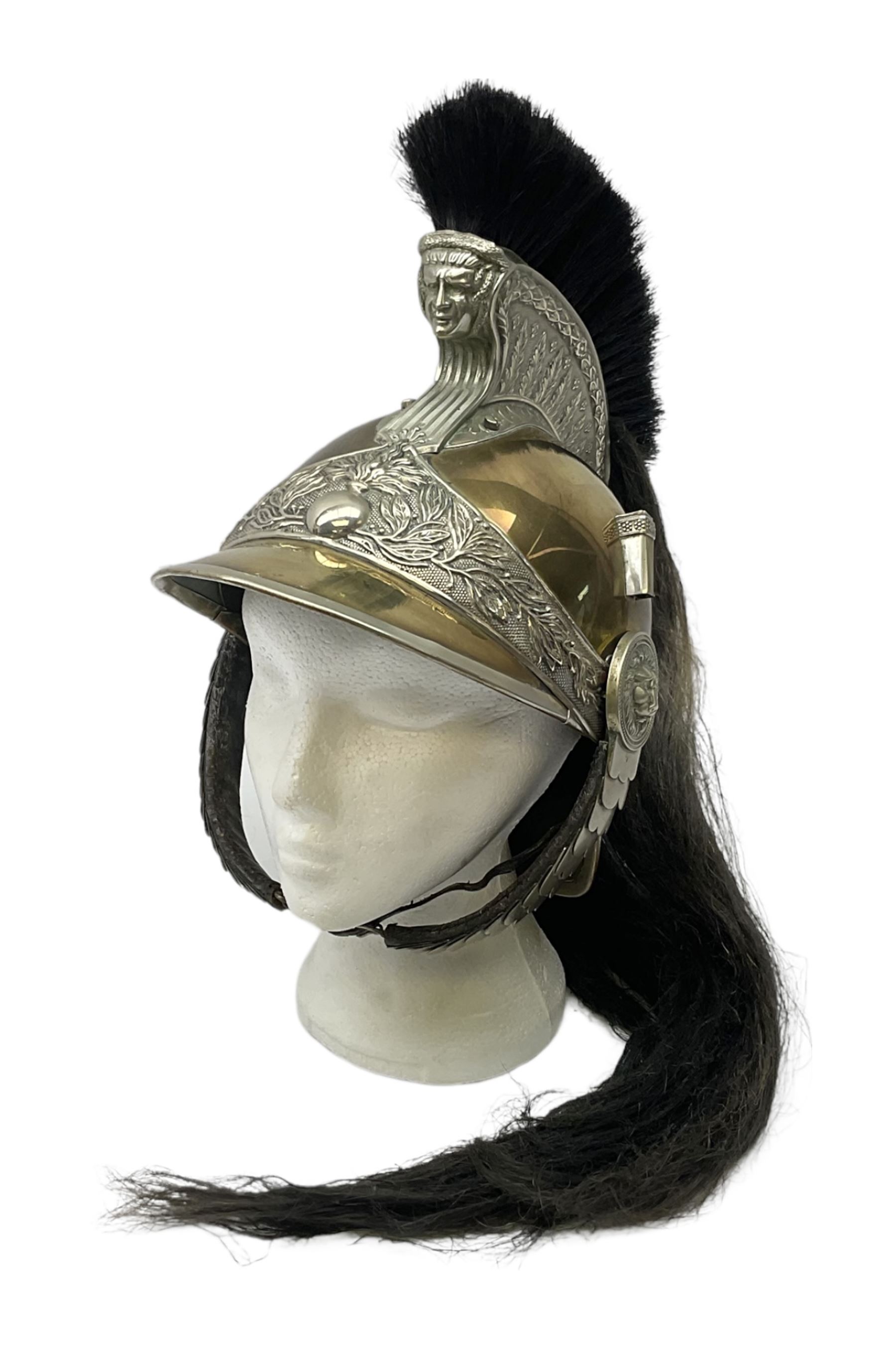 French Model 1913 mounted gendarmerie helmet; brass bodied with nickel mounts, chin strap, comb and horse-hair H27cm (no liner)