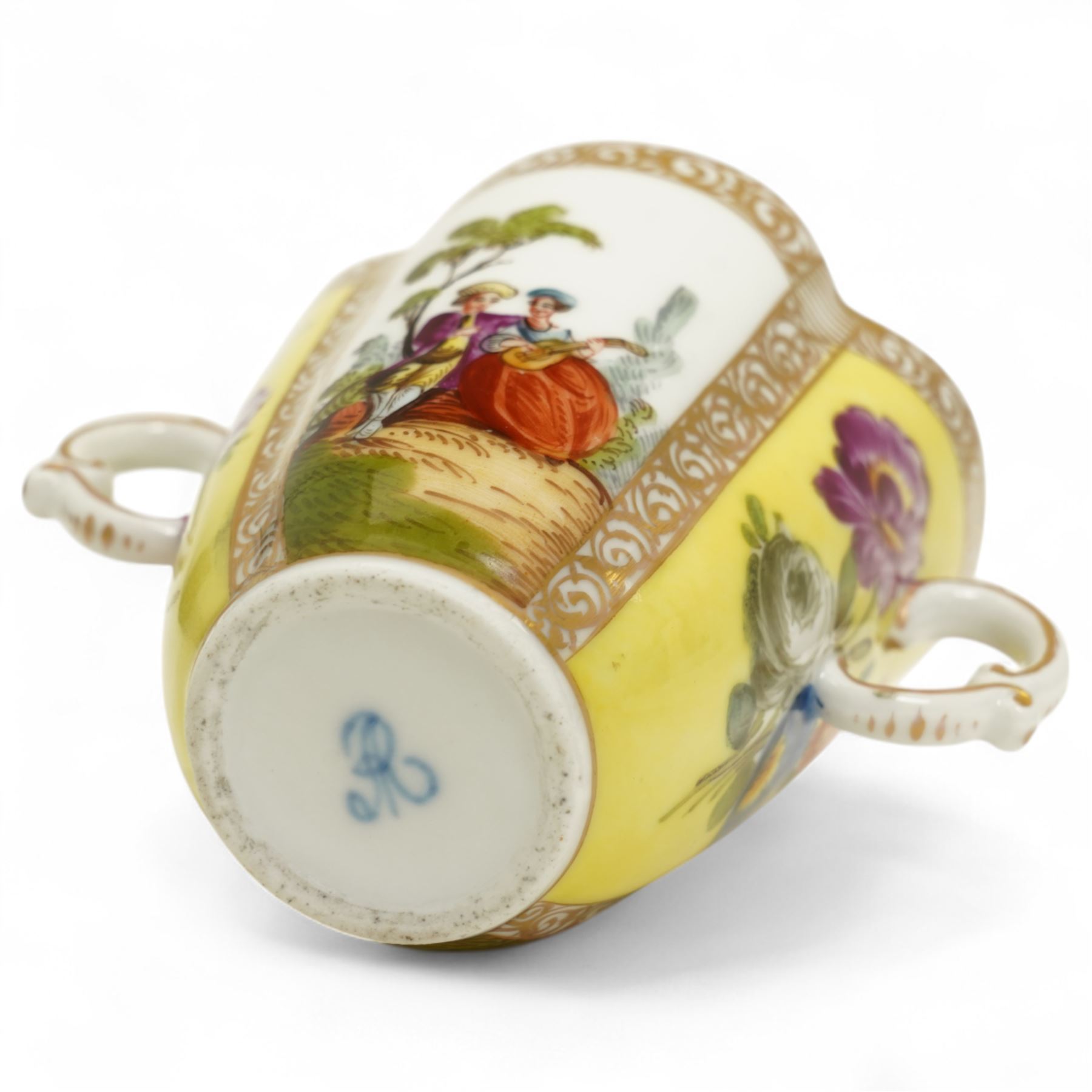 Helena Wolfsohn Dresden porcelain quatrefoil twin handled chocolate cup and stand, painted with panels of courting couples and floral sprays on a yellow ground, together with another Wolfsohn cup and saucer of the same design, and a similar continental vase decorated with shipping and town scenes, all marked to base, chocolate cup H8cm 