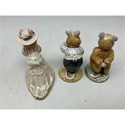 Six Royal Doulton Brambly Hedge figures, comprising Catkin DBH 12, Clover DBH 16, Lord Woodmouse DBH 4, Poppy Eyebright DBH 1, Mr Apple DBH 2, Old Mrs Eyebright DBH 9 and Beswick Beatrix Potter Appley Dapply figure, all with printed marks beneath