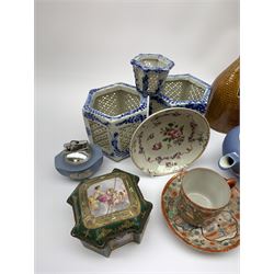 Pair of early 20th century Japanese hexagonal incense pots with reticulated panels and blue and white painted decoration, H9.5cm, a similar pot, three pieces of Runneford pottery, Sevres style porcelain box and cover, pair of Continental Lace pattern vases, Wedgwood jasperware and other ceramics