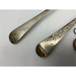 Two silver Georgian tablespoons, approximate total weight 3.36 ozt (104.7 grams), together with Great War Peace Medal 1919 and two others 