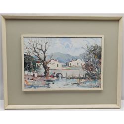 Continental School (20th century): Man by a River, oil on board indistinctly signed, together with a watercolour of a camel and a watercolour of a doorway indistinctly signed, max 25cm x 38cm (3)