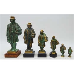  Graduated set of six Swedish patinated bronze figures of 'Knalle' for 10 years service by Nils Castegren (1903-1985) H26cm max    