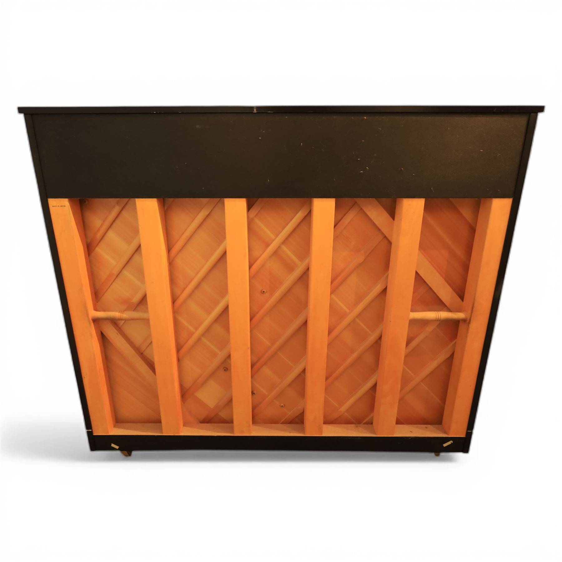 Yamaha model U5 upright piano retailed by Harrods, 88 keys and three pedals within high gloss ebonised case, serial no. 6055292, with Roland black button top piano stool