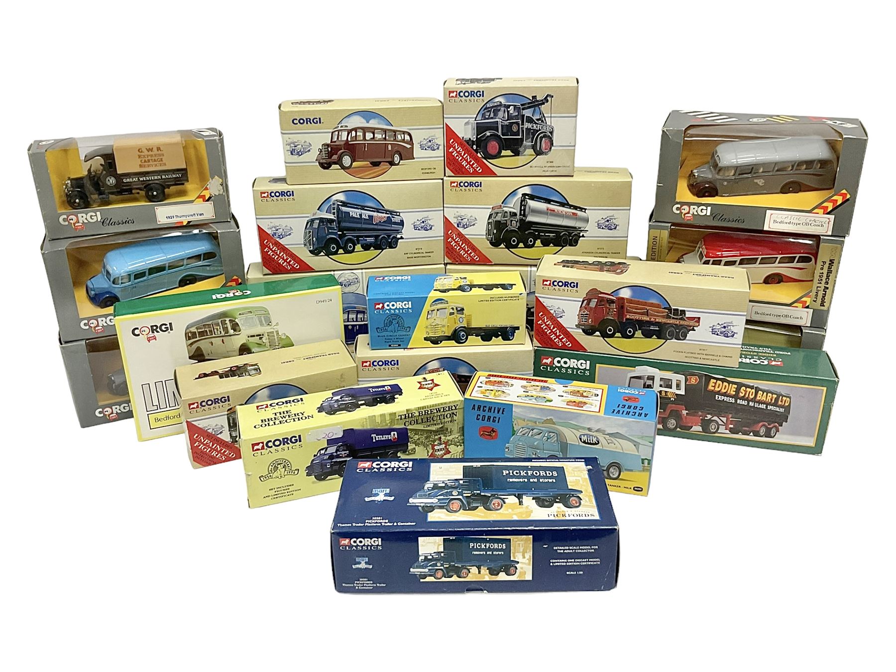 Corgi Classics - twenty one models to include 97106 The Fred Bobby Bedford OB Coach; 97108 The Granville Tours Bedford OB Coach; five Bedford type OB Coaches comprising 94912, D94927, C9494, D94914, 97100; further models 97319, 97372, 97370, 97317, 98456, 97368, 98164, 19702, 30501, 12501, 23101, 20202, C827 and D94924; all boxed (21) 