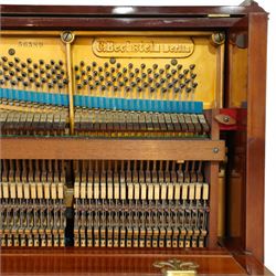 Claud Bechstein- German model IV overstrung upright piano in a mahogany Arts & Crafts designed case by Walter Cave, Serial number 56589 (1900-01), with a lattice music desk and silk backed open fretwork, square key fall with makers name and crafted brass hinges, two candle sconces on tapered square supports, makers name and model number cast into the frame, with an underdamper action, una-corda and sustain pedals, recently re-strung with new tuning pins, responsive action and damping, in very good playing condition, with 85 ivory and ebony keys A0-A7, tuning A=440. Including a period duet stool with a velvet-padded top.
Walter Cave was a leading architect, interior designer, and furniture maker during the Arts & Crafts period, a similar piano to this was owned and played by George Bernard Shaw and is on exhibition at the National Trust property, Shaw's Corner (Hertfordshire).

This item has been registered for sale under section 10 of the APHA Ivory Act, Reference 8P3C9UKA
