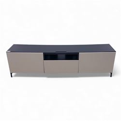 IKEA - contemporary black and beige low media unit, rectangular form with high-gloss black top and beige panelled doors, fitted with central open shelf and twin cupboards, push to open doors and drawers, raised on short bracket feet