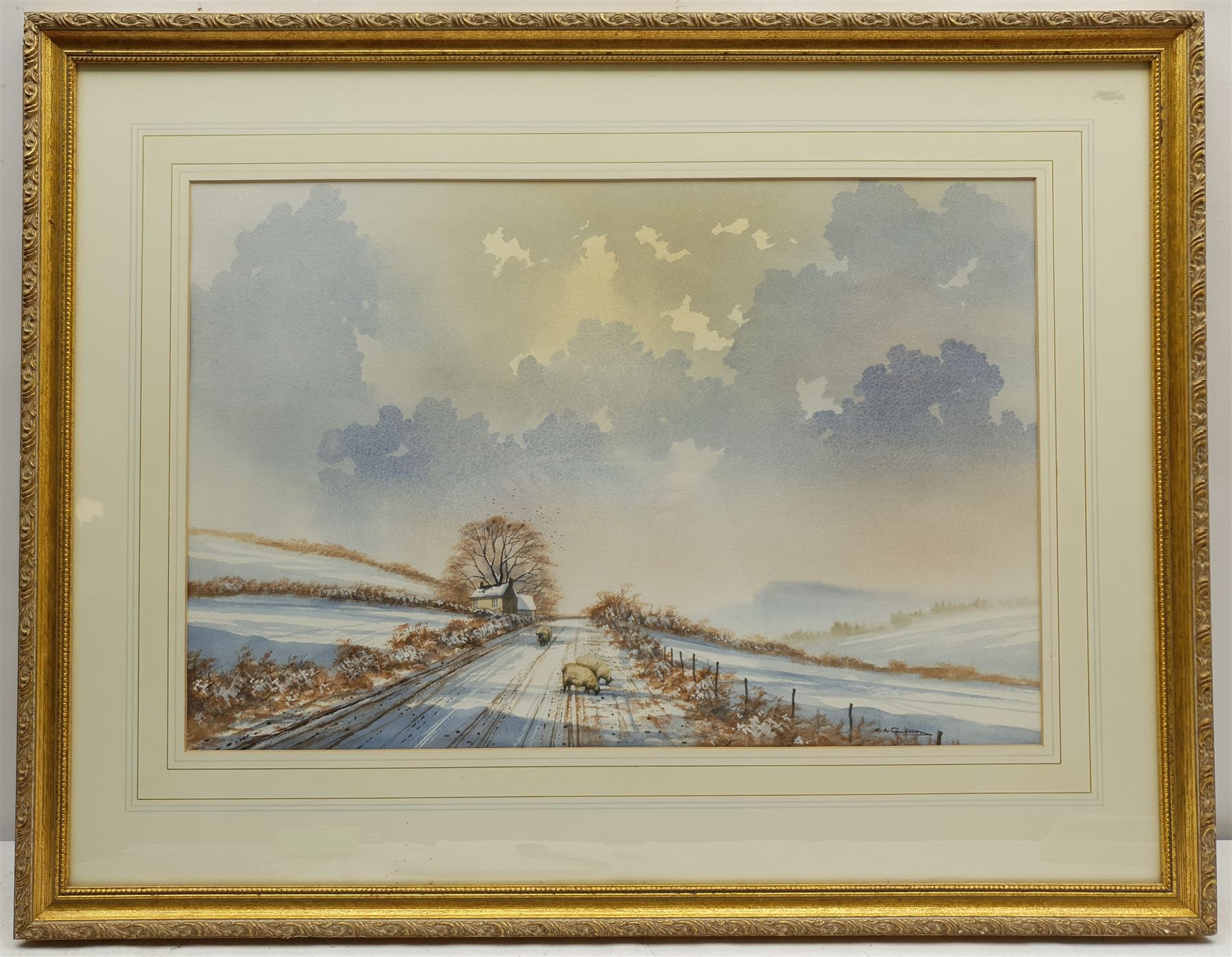 I A Gillibrand (British 20th century): Winter Scene with Sheep, watercolour signed 36cm x 53cm