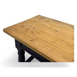 Late 20th century substantial pine refectory table, rectangular four-plank top over an indigo painted base featuring turned supports united by box stretchers