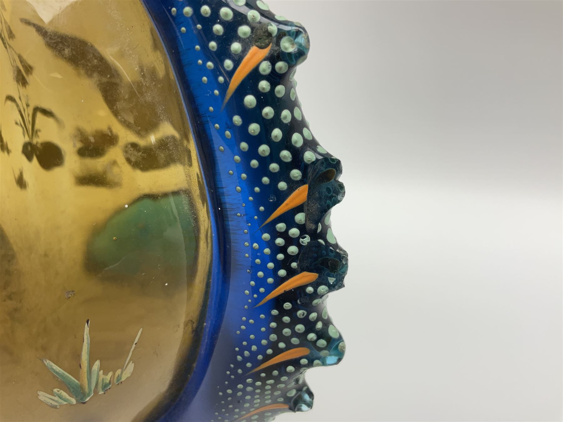 Pair of 19th century glass vases in the style of Auguste Jean, of bulbous form with lobed rim and applied blue glass zoomorphic handles, painted with enamel flowers, dragonflies and swans, upon four blue glass feet, H26cm