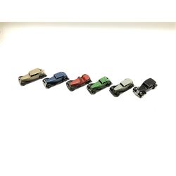 Dinky - five unboxed and playworn early post-war die-cast cars including British Salmson No.36e; and later French made Dinky Citroen 11BL car (6)