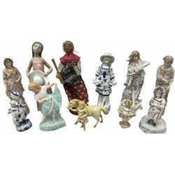 A collection victorian and later figures, including a set of busque male and female with a matt pink glaze, a sitzendorf miniature urn with floral decoration and a Lladro figure. 