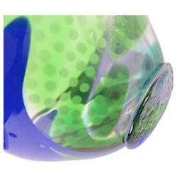 Jane Charles (British Contemporary): freeform studio glass bowl, with green, blue and purple flowing decoration, upon a textured circular foot, H16.5cm, D30cm
